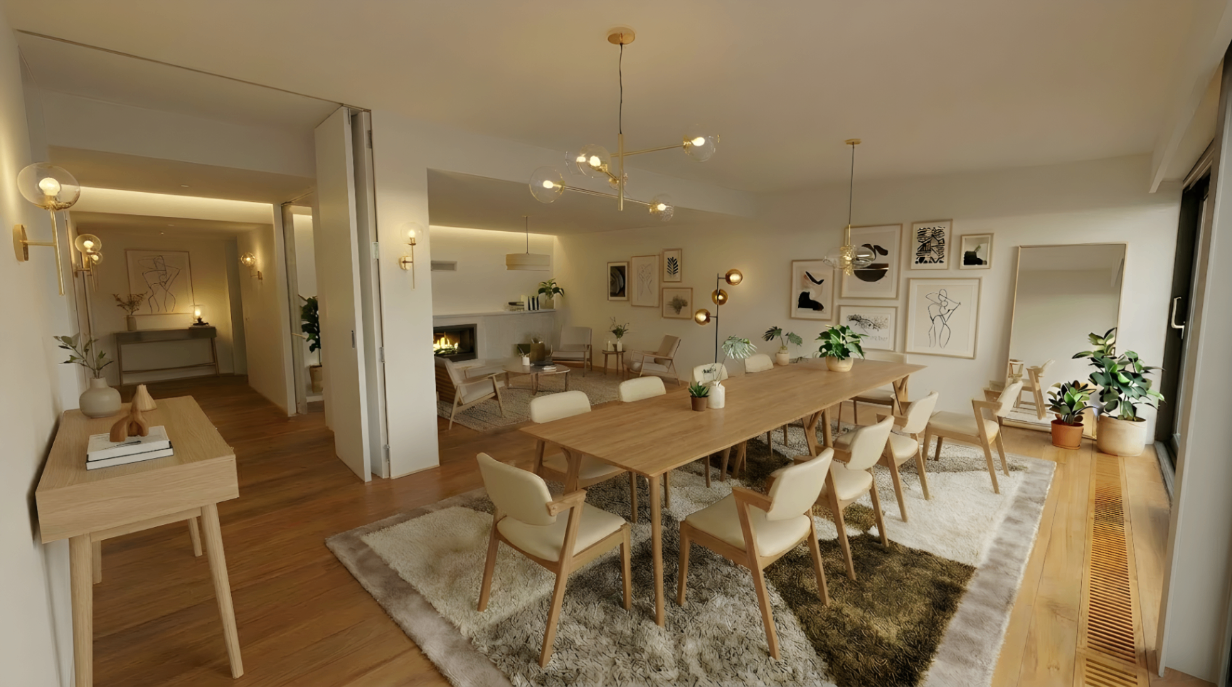 Sala de jantar com pé direito generoso e iluminação cuidada